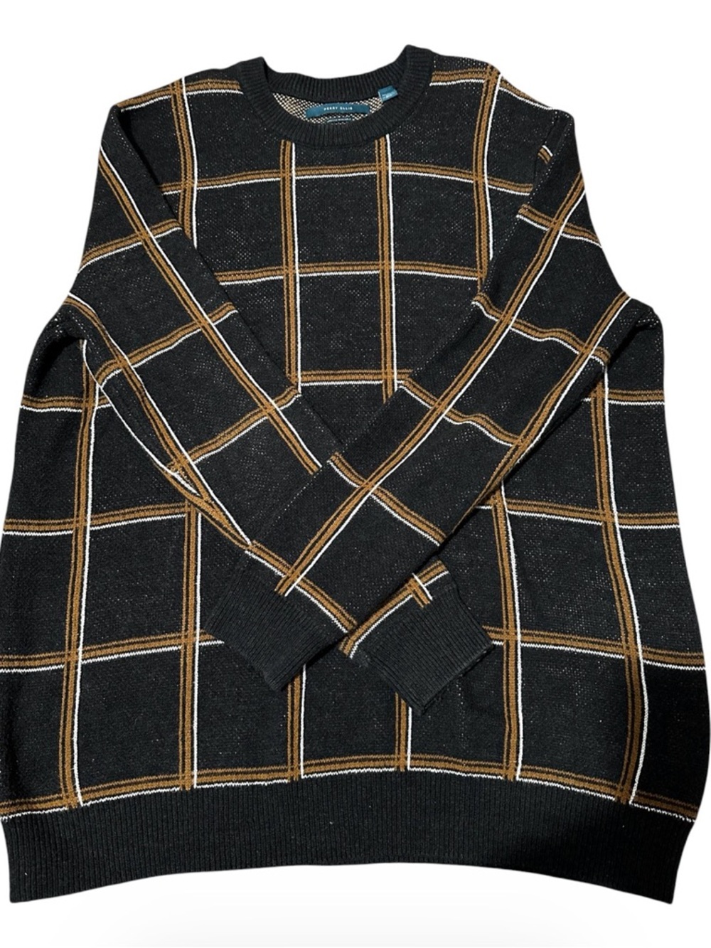 Perry Ellis Black Crewneck Sweater with Tan Windowpane size 2XL